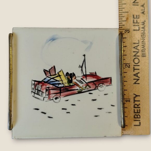 Vintage Miniature Hand Painted Ceramic Coasters Set Of 2 With Vintage Car Desig - Picture 5 of 11